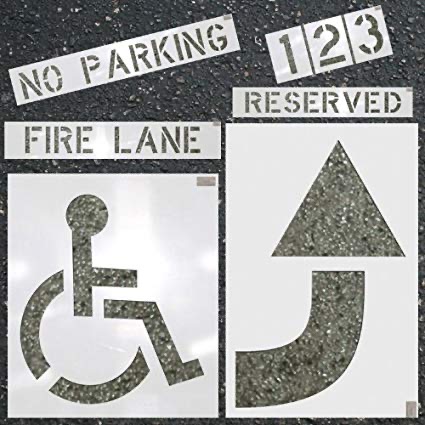 parking lot stencils including numbers, no parking, fire lane, reserved, Ada, and an arrow